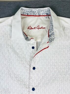 Robert Graham White Textured Dress Shirt with Blue Damask Paisley Trim